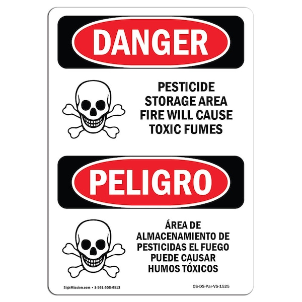 Safety Sign, OSHA Danger, 5" Height, Pesticide Storage Area Spanish, 10PK
